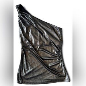 Cache Womens Silver Metallic One Shoulder Ruched Party Brat Summer Top Small